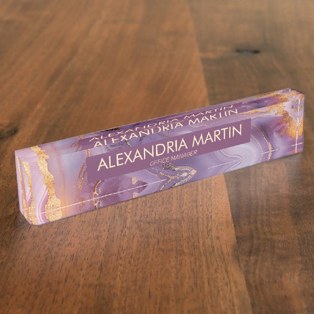Elegant Mauve Gold Glitter Office Desk Name Namensplakette (Seite)
