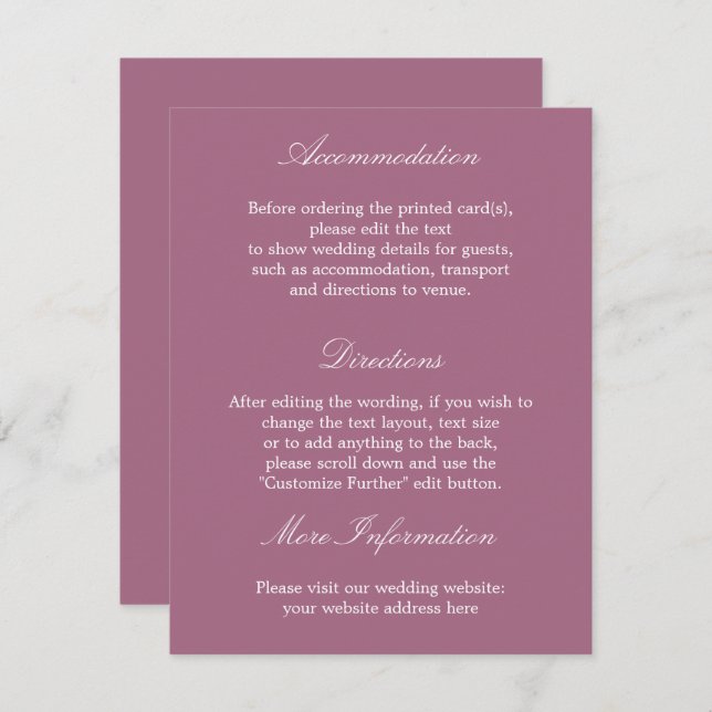 Elegant Mauve Mariage - Carte Détails (Devant / Derrière)