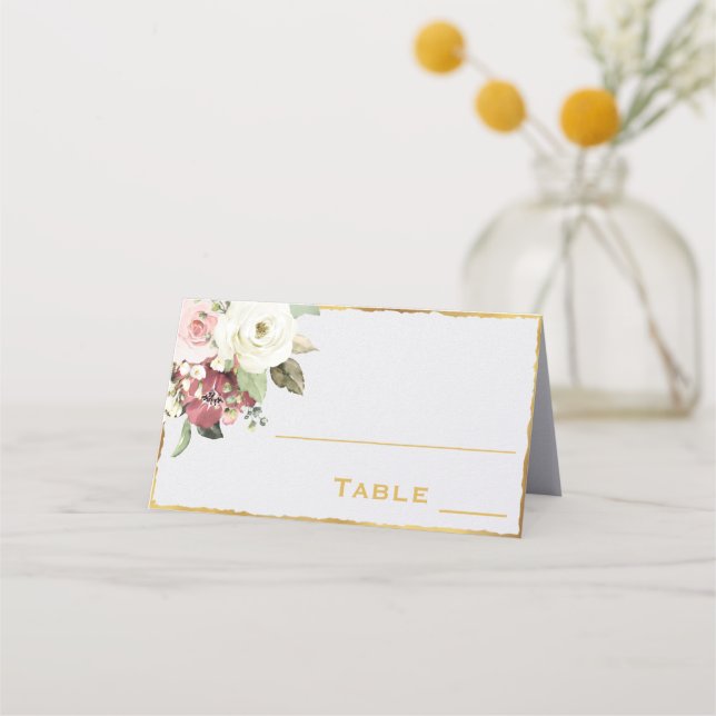 Elegant Mauve Pink White Florals | Luxe Gold Edge Platzkarte (Vorderseite)