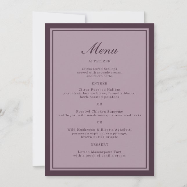 Elegant Mauve Plum Wedding Dinner Menu Card Einladung (Vorderseite)