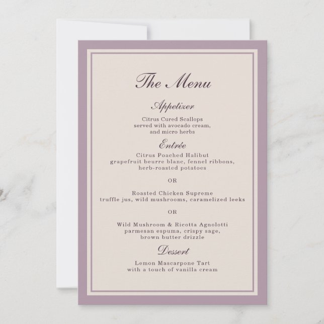 Elegant Mauve Plum Wedding Menu Card Einladung (Vorderseite)