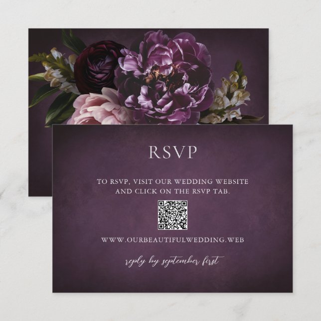 Elegant Maximalist Purple Floral QR Code Wedding RSVP Karte (Vorne/Hinten)