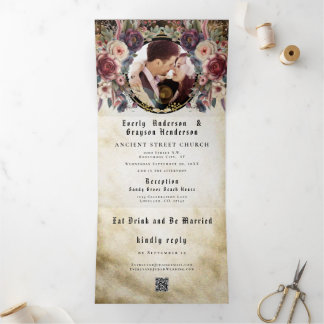 Elegant Medieval Rose Floral Wedding TriFold Dreifach Gefaltete Einladung