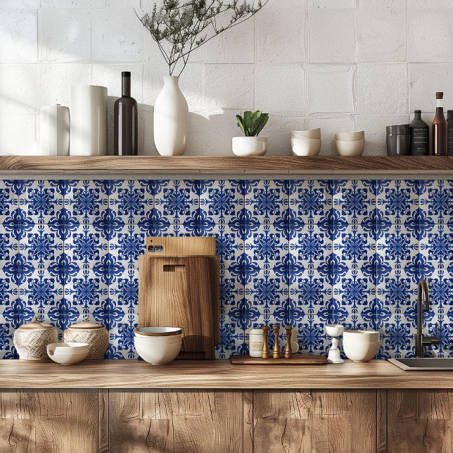Elegant Mediterranean Navy Blue White Pattern Fliese (Von Creator hochgeladen)