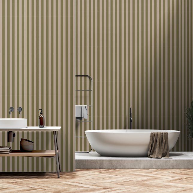 Elegant Mediterranean Olive Green Beige Stripes Tapete (Badezimmer)