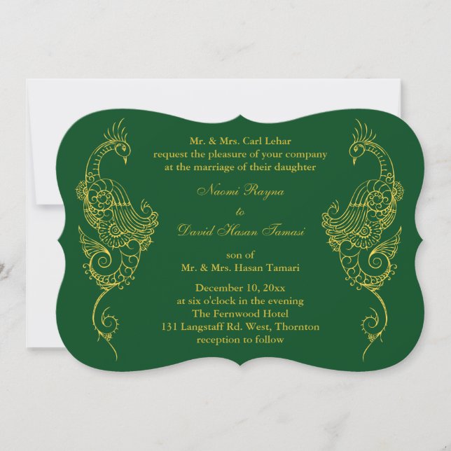 Elegant Mehndi Peacock Wedding Einladung - Grün (Vorderseite)
