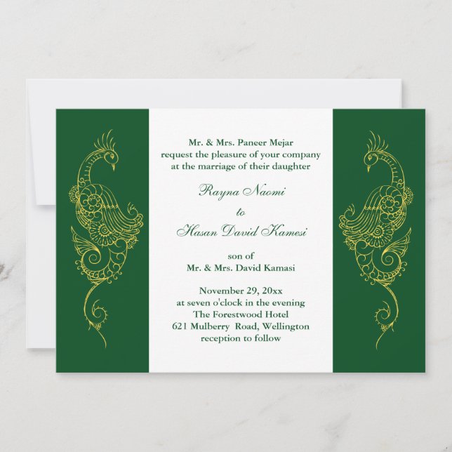Elegant Mehndi Peacock Wedding Invite Green White Einladung (Vorderseite)