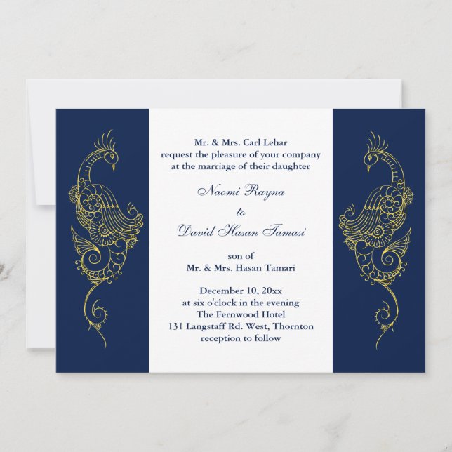 Elegant Mehndi Peacock Wedding Invite Navy & White Einladung (Vorderseite)