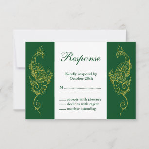 Elegant Mehndi Peacock Wedding RSVP Green White Karte