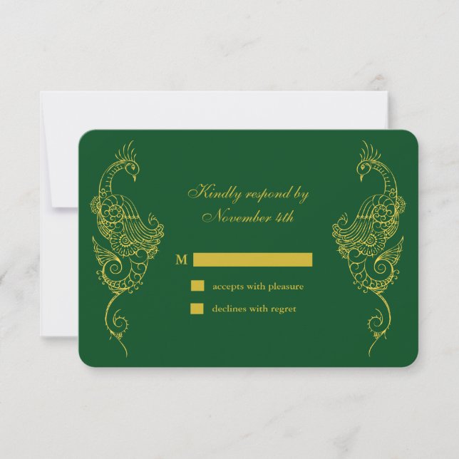 Elegant Mehndi Peacock Wedding RSVP - grün (Vorderseite)