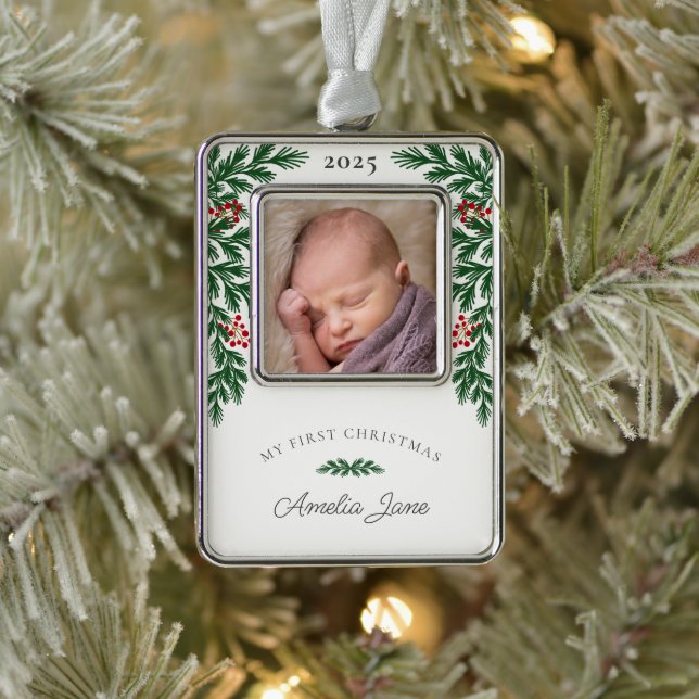 Elegant Mein erstes Weihnachtsfest-Foto Rahmen-Ornament Silber (Baum)