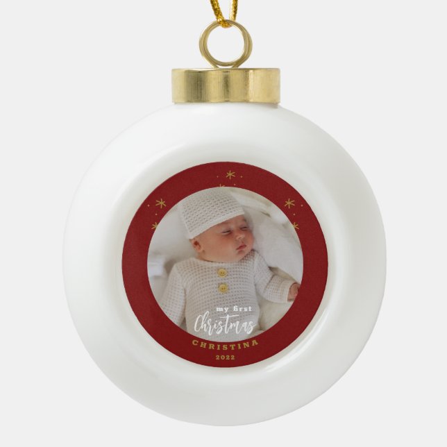 Elegant Mein erstes Weihnachtsjunges Foto Keramik Kugel-Ornament (Vorderseite)