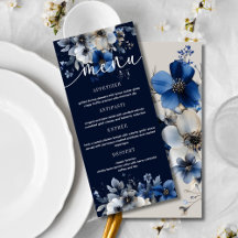 Élégant Menu de Mariage Floral Bleu Nuit et Argent