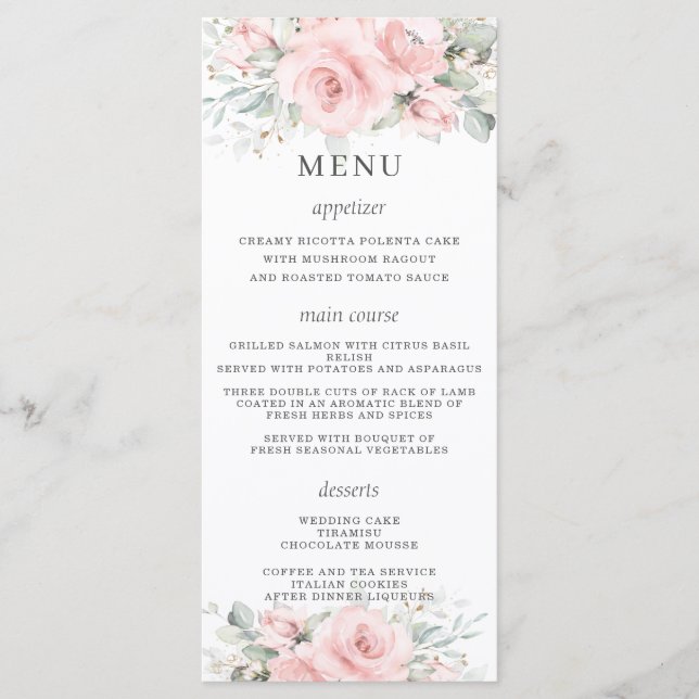 Elégant menu de Mariage floral rose pâle (Devant)