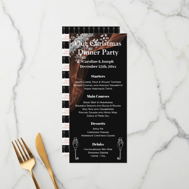 Elégant menu de Noël noir et argent avec Snowman (Devant/Arrière en situation)