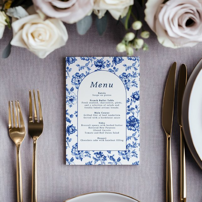 Élégant menu de produits botaniques bleu et crème (Elegant deep blue delftware style botanical menu, classic and timeless celebration frame.)
