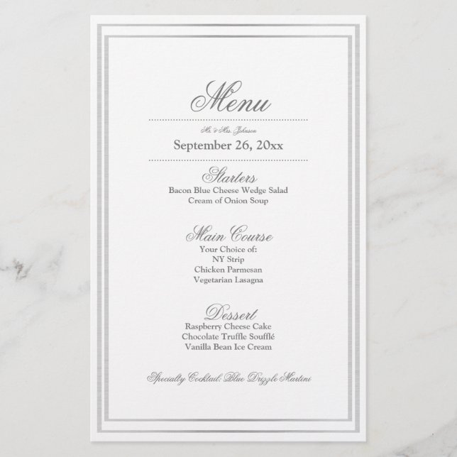 Élégant menu du Mariage frontière Argent (Devant)