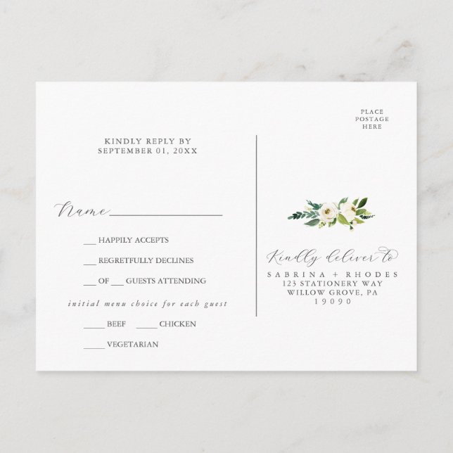 Elégant menu floral blanc Choix carte postale RSVP (Dos)