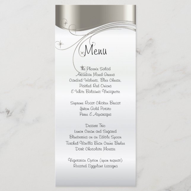 Élégant menu Mariage argent et satin blanc (Devant)