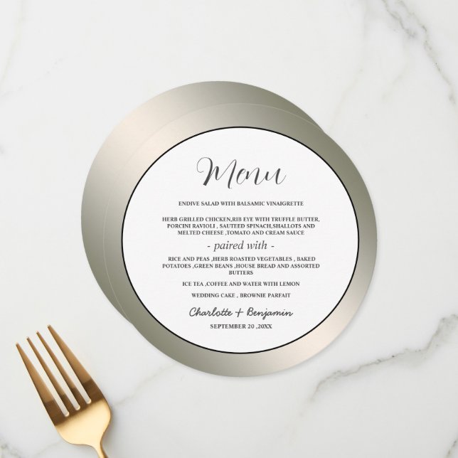 Élégant menu Mariage Argent Rond (Devant/Arrière en situation)