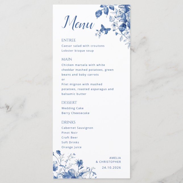 Elégant menu Mariage avec délicate fleurs bleues (Devant)