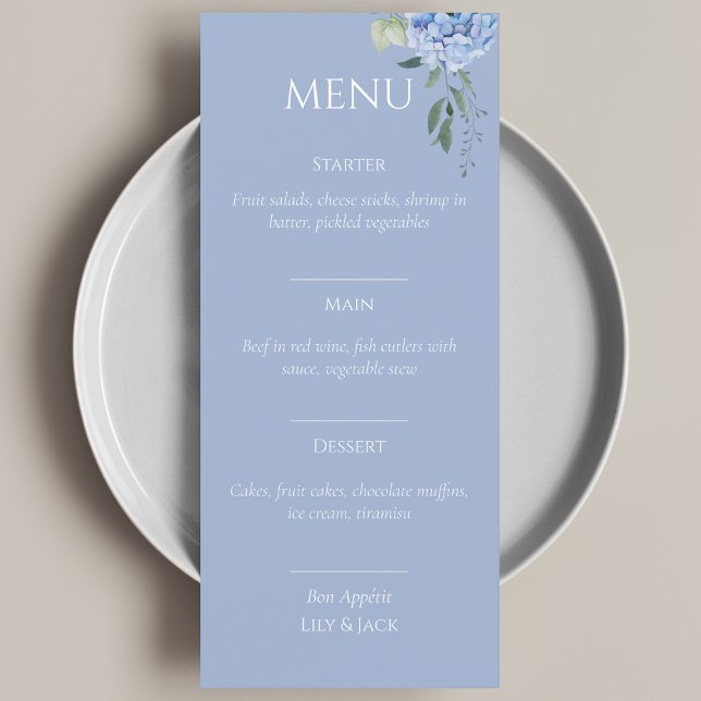 Elégant menu Mariage bleu beige Hydrangea (Créateur téléchargé)