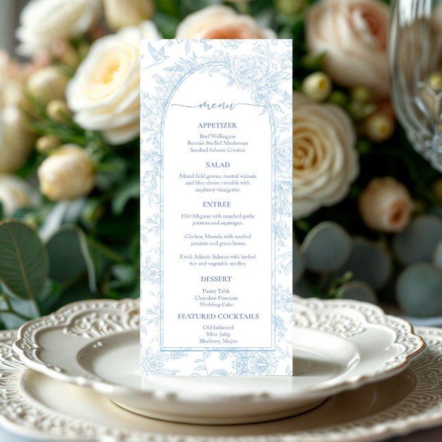 Elégant menu Mariage bleu Dusty (Elegant Blue Floral Wedding Menu Front)
