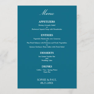 Elégant Menu Mariage bleu turquoise élégant