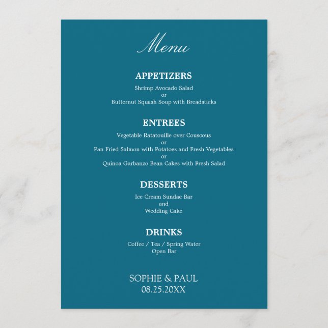 Elégant Menu Mariage bleu turquoise élégant (Devant)