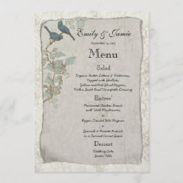Élégant menu Mariage damassé Oiseaux Turquoises Vi
