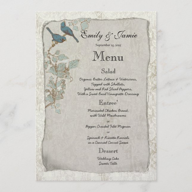 Élégant menu Mariage damassé Oiseaux Turquoises Vi (Devant)