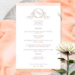 Élégant menu Mariage d'aquarelle de pêche monogram
