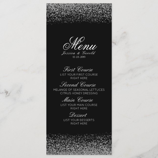 Élégant menu Mariage de diamants noir et blanc (Devant)