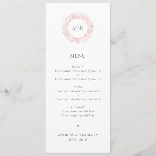 Élégant menu mariage de monogramme or rose (Devant)