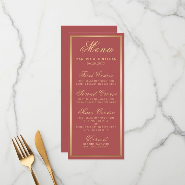 Élégant menu Mariage de script Gold Terracotta (Devant/Arrière en situation)