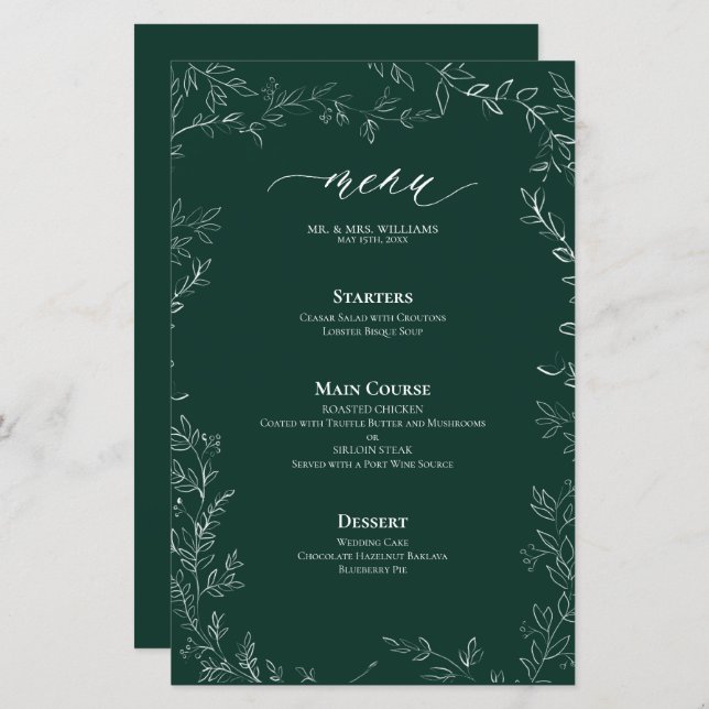 Élégant menu Mariage Emerald Green Leaf moderne (Devant / Derrière)