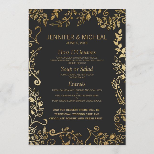 Élégant menu Mariage Floral Black and Yellow Gold (Devant)
