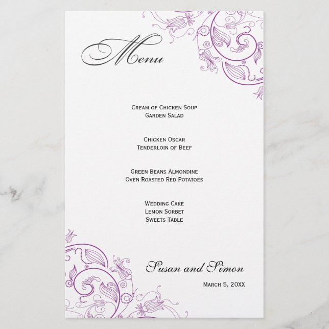 Élégant menu Mariage floral violet (Devant)
