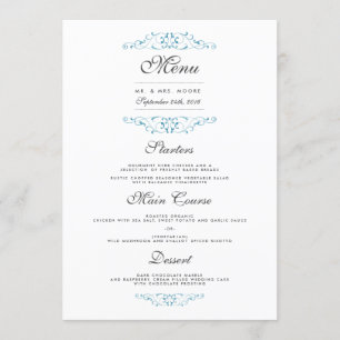 Elégant menu Mariage Flourish Blue Dinner Menu