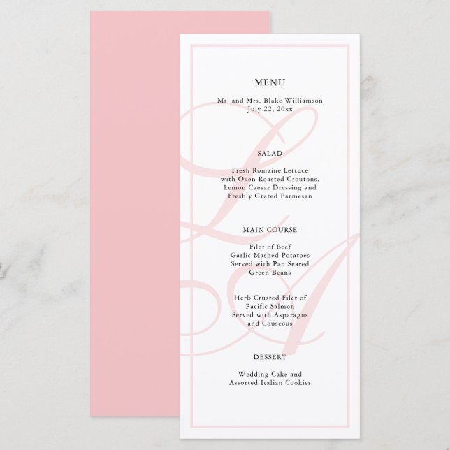 Élégant menu Mariage Monogramme rose (Devant / Derrière)