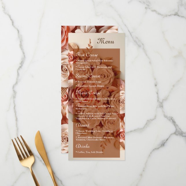 Elégant menu Mariage plat avec fleurs 3D (Devant/Arrière en situation)