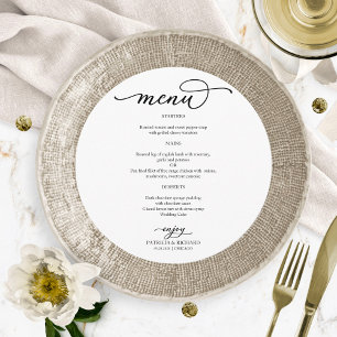 Élégant menu Mariage rond à script noir et blanc