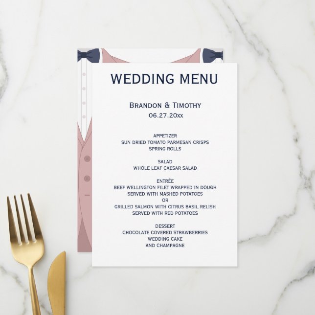 Elégant Menu Mariage Rose Et Blue Gay (Devant/Arrière en situation)