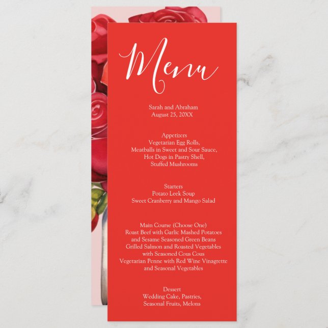 Élégant menu Mariage Roses rouges (Devant / Derrière)