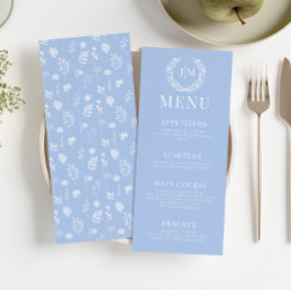 Elégant menu mariage rustique à fleurs bleues