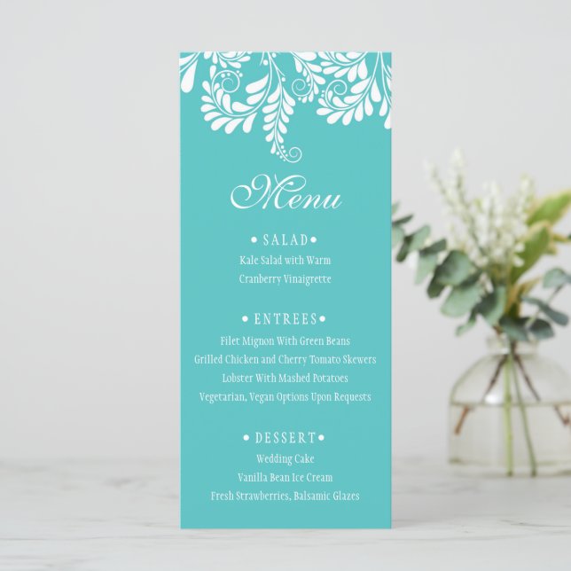 Élégant menu Mariage Turquoise Flourish (Debout devant)