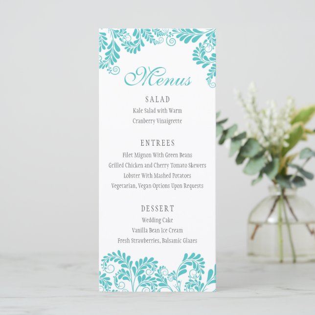 Élégant menu Mariage Turquoise Flourish (Debout devant)