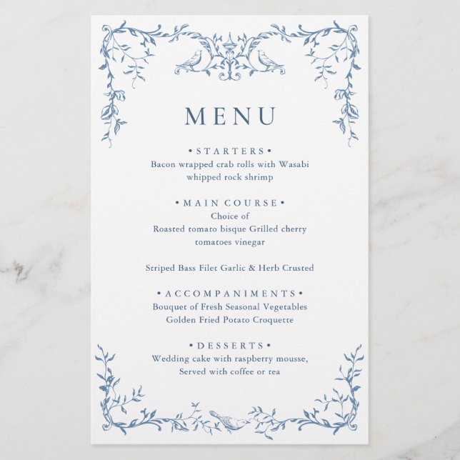 Élégant menu Mariage victorien orné bleu floral (Devant)