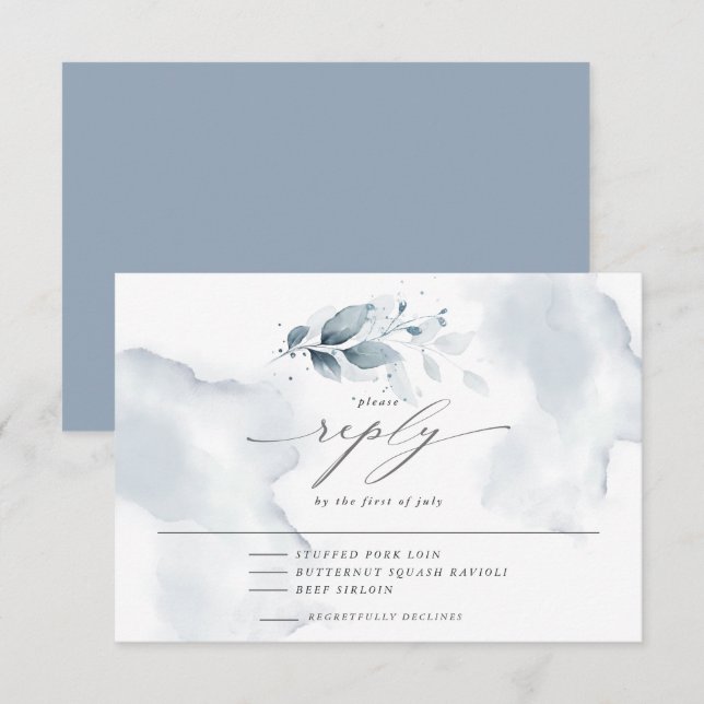 Elégant menu RSVP Watercolor Foliage Dusty Blue (Devant / Derrière)