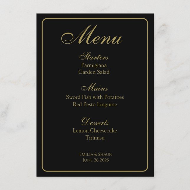 Élégant Menus Mariage noir et or (Devant)